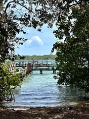 old rustic dock in the fresh water lagoon Laguna Guerrero in Mexico, Yucatan