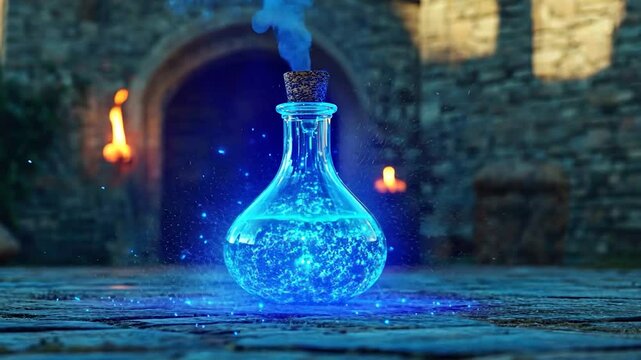 Mystical blue potion in a glass bottle