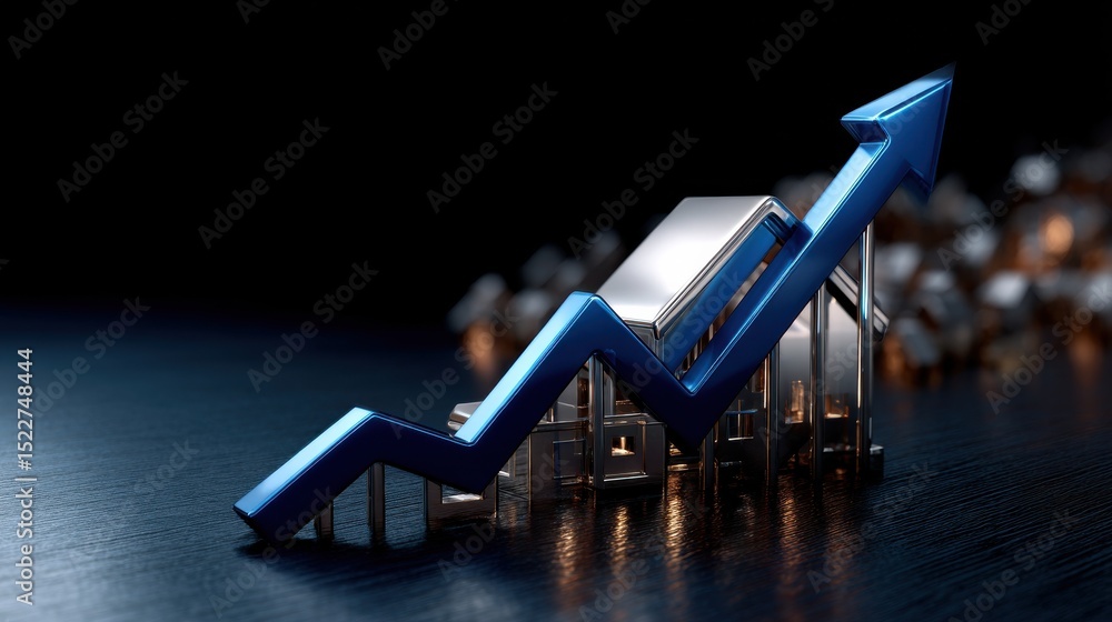 Poster A blue arrow pointing upwards is on top of a pile of silver objects