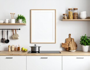Minimalist kitchen interior with blank frame cooking pot and wooden accents