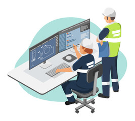 Plakat Female industrial engineer designing mechanical component on dual monitor workstation in modern control room environment