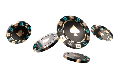 Black and gold casino chips with glowing blue dice 3d
