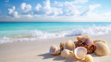 sandy beach, shells and starfish, Generative AI