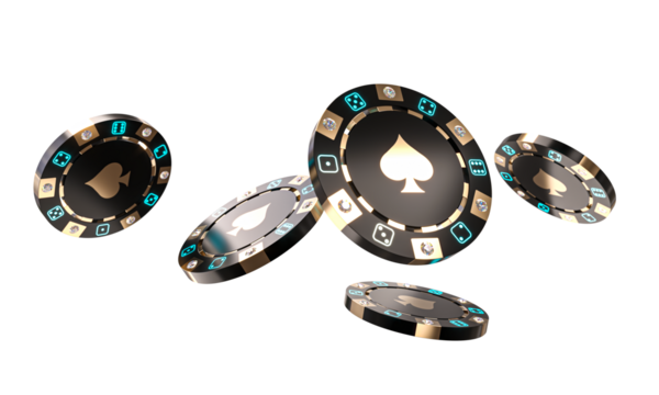 Black and gold casino chips with glowing blue dice 3d