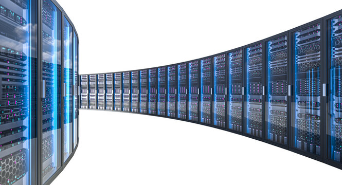 Server racks emitting blue light in a data center  3d