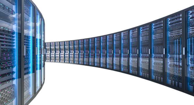 Server racks emitting blue light in a data center  3d - Powered by Adobe
