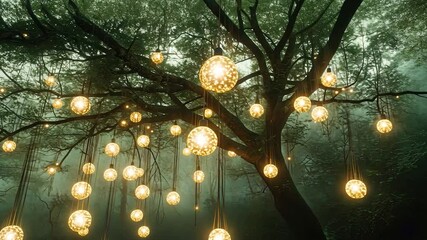 Magical forest with glowing orbs - Powered by Adobe