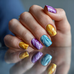 Close-up of colorful tie-dye style manicure with bright summer tones and artistic nail designs