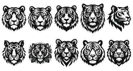 Stylized tiger heads vector illustration, black and white, wildlife design elements