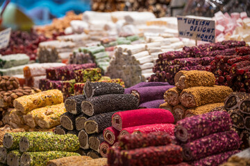 Row's of sweet, delicious Turkish Delight, desplayed in a shop in the Grand Bazaar. Istanbul, Turkey