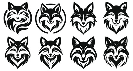 Vector fox head silhouettes black and white icons, perfect for logo design and decal
