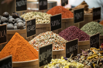 Piles of exotic herbs and spices, for sale in the Grand Bazaar, Istanbul, Turkey