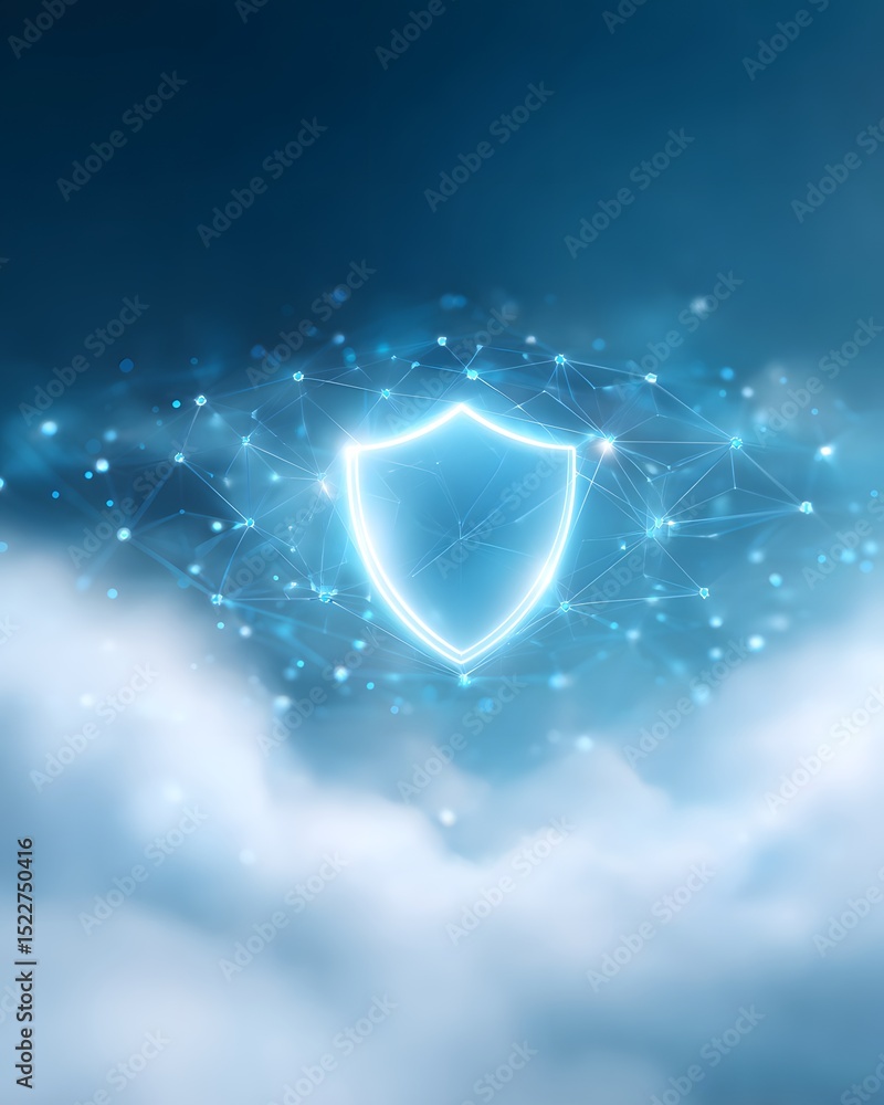 Poster a glowing digital shield symbol hovers above clouds, representing cybersecurity and data protection 