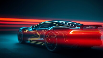 Futuristic Car with Glowing Circuit Board Livery at Night