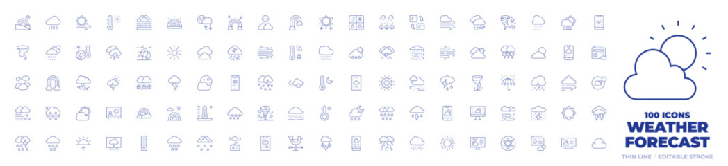 100 Weather forecast Icons Collection. Thin line icon. Editable stroke. rainbow, foggy, forest, climate, tornado, wind, windstorm, clouds, dust laden wind, killer fog, hail