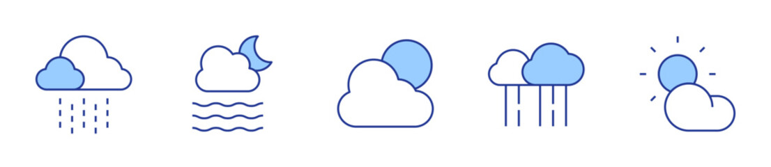 cloudy, drizzle, weather, rain, foggy. Weather forecast Icon vector illustration. Line Duotone style. Editable stroke