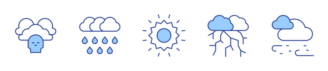 extreme weather, sun, snowfall, heavy rain, storm. Weather forecast Icon vector illustration. Line Duotone style. Editable stroke