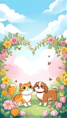 Cat and Dog Looking Up Through Heart-Shaped Flower Canopy in Garden