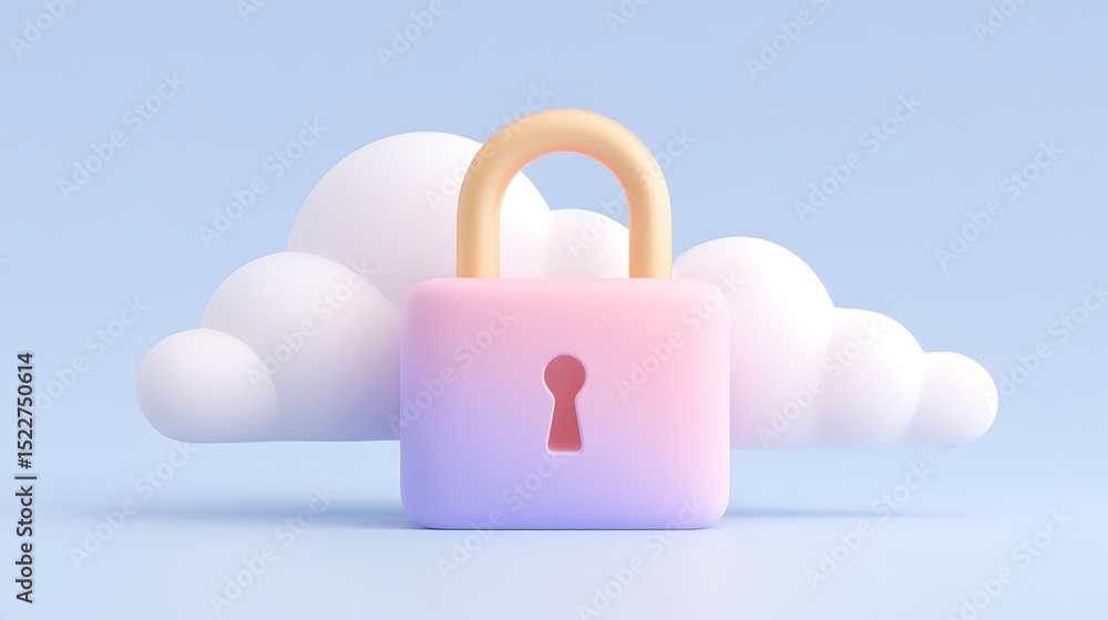 Poster a pastel lock in front of cloud shapes symbolizes cloud security and data protection in a minimal, d