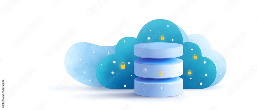 Poster illustration of cloud storage with secure data symbols, featuring blue clouds and database stacks.