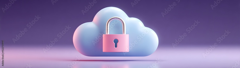 Poster a cloud icon with a padlock symbolizes secure cloud storage and data protection on a purple backgrou