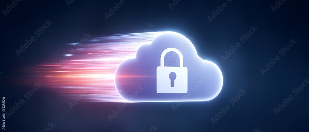 Poster glowing cloud with a padlock symbol, representing fast and secure cloud data protection on a dark ba