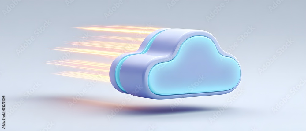 Poster a glowing cloud icon with motion streaks, symbolizing fast cloud computing or data transfer on a lig