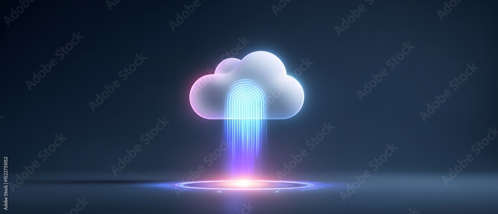 Poster futuristic glowing cloud icon with digital neon lines, symbolizing cloud computing and modern data t