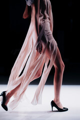 Pastel pink long silk dress and black high heels. Women's fashion and stylish cloth. 
