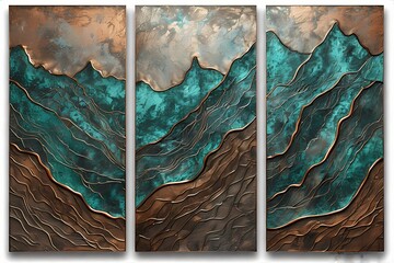 A triptych of abstract mountain ridges carved in oxidized copper with green-blue patina, each panel showing a different terrain layer — merging raw earth textures with metal artistry behind the sofa s