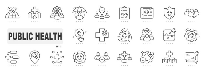 Set of public health related line icons. Healthy, society, protection, service etc. Editable stroke. Set 3