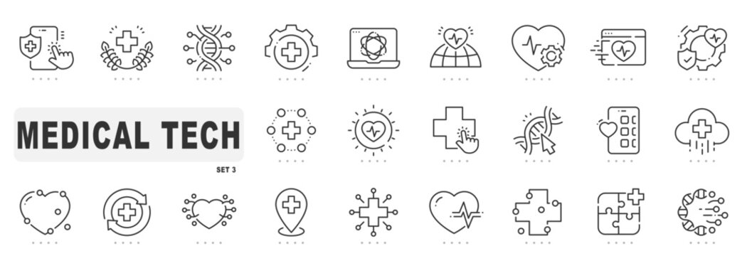 Set of medical technology related line icons. Digital, innovation, tech, healthcare etc. Editable stroke. Set 3