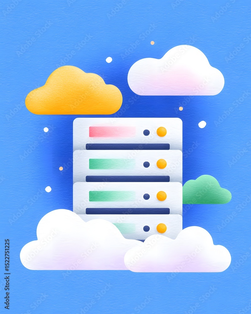 Poster illustration of cloud computing concept with servers surrounded by colorful clouds on a blue backgro