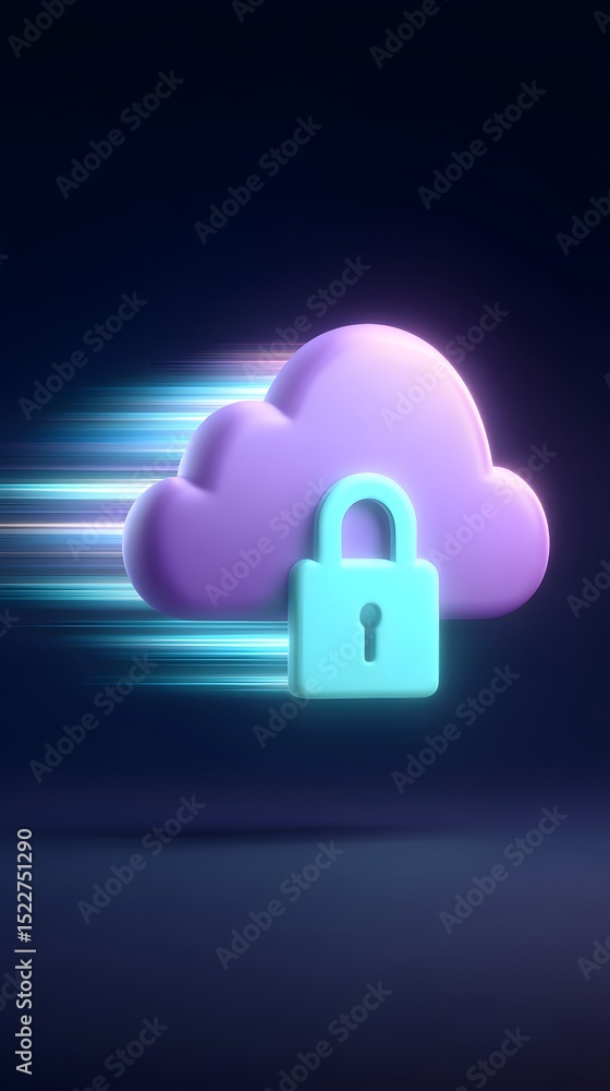 Poster a purple cloud with a padlock symbolizes secure cloud storage and data protection on a dark backgrou