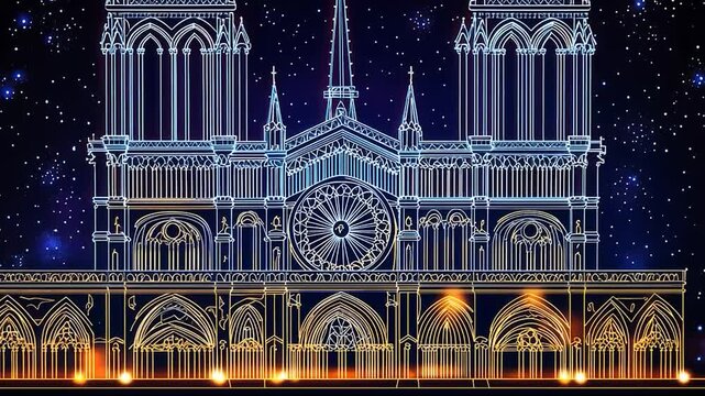 Notre Dame illuminated at night, outlined