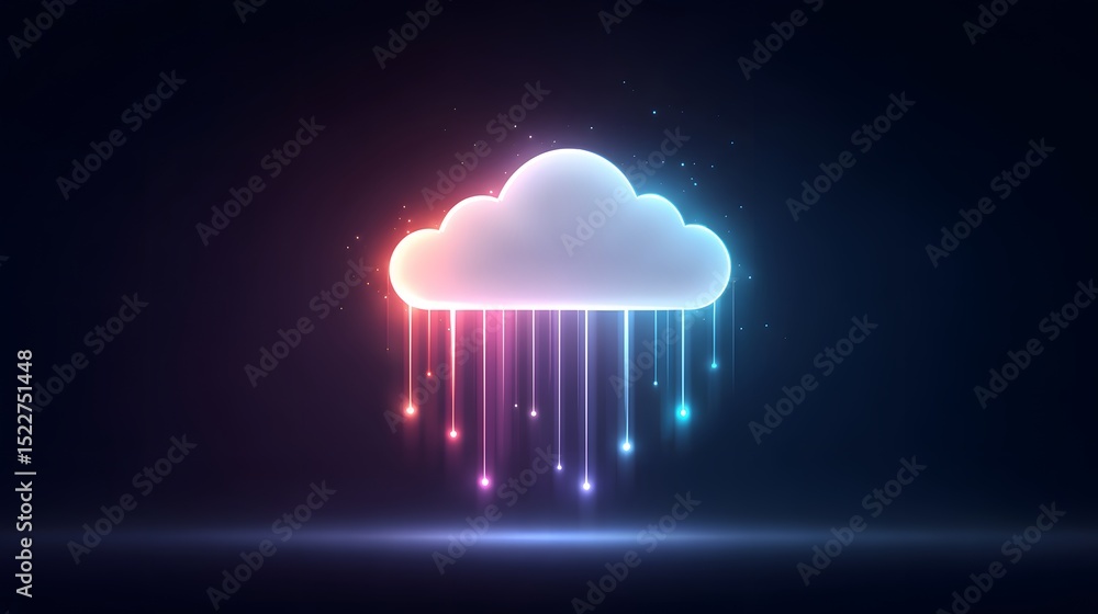 Poster a glowing cloud icon with colorful digital lines extending downward on a dark background, symbolizin