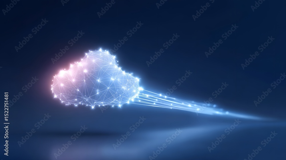 Poster a glowing digital cloud with network connections streams data across a dark blue background, symboli