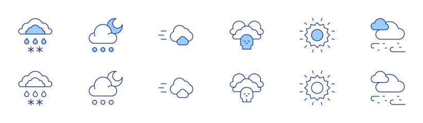 Weather forecast icon set in two styles, Duotone and Thin Line style. Editable stroke. rain, extreme weather, hail, sun, cloud, snowfall