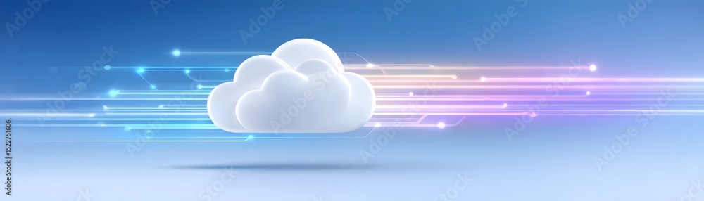 Poster a white cloud icon with digital lines on a blue background, symbolizing cloud computing and data tra