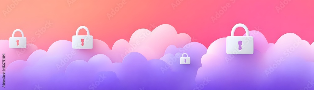 Poster colorful clouds with padlock icons symbolize cloud security and data protection in a digital environ