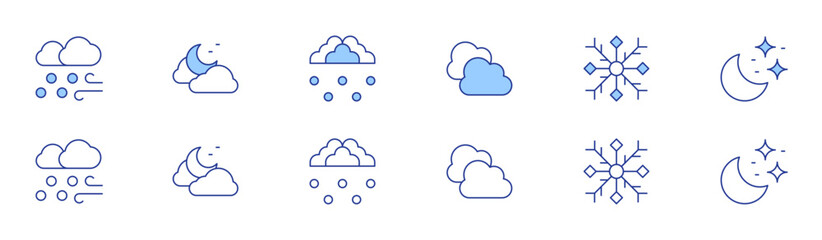 Weather forecast icon set in two styles, Duotone and Thin Line style. Editable stroke. snow, cloudy, night, snowflake, hail