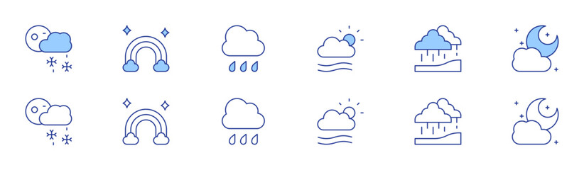 Weather forecast icon set in two styles, Duotone and Thin Line style. Editable stroke. snow, fog, rainbow, monsoon, rainy, moon
