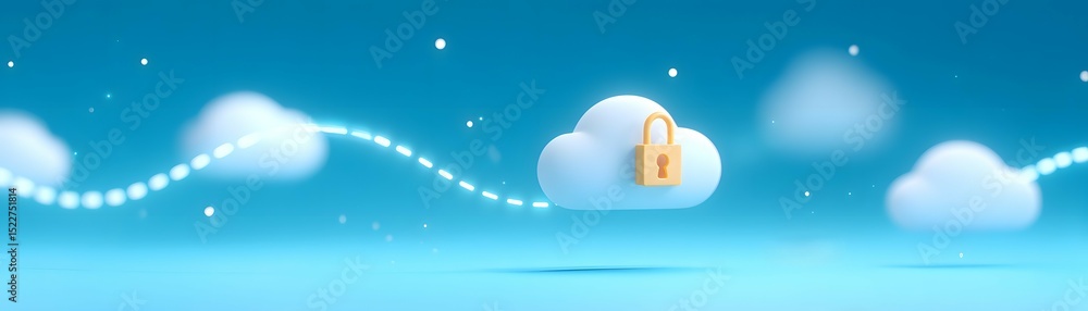 Poster a digital cloud with a padlock symbolizes secure cloud storage in a blue sky with floating clouds.