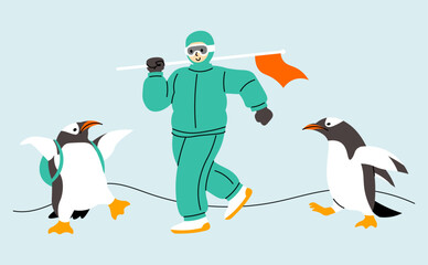 illustration of winter hiking group of man and penguin.
