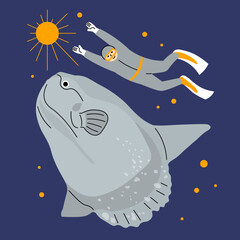 illustration of a man swimming with mola mola in space.