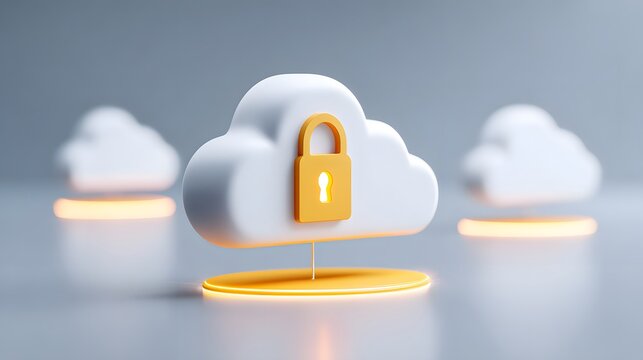 A cloud icon with a padlock symbolizes secure cloud storage and data protection on a modern, minimal background.
