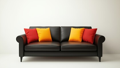 Spacious Living Room Interior Featuring A Comfortable Couch With Orange And Red Pillow, Real Photo With Copy Space On Empty Wall