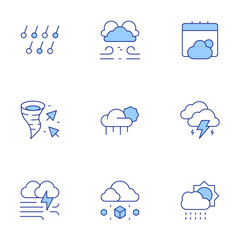 Weather forecast icons set. Line Duotone style, editable stroke. hail, wind, weather, climate, cloudy, thunderstorm, windstorm, rain