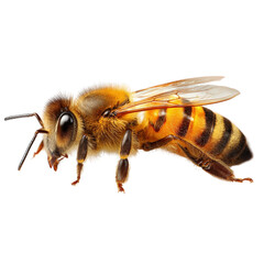 A close-up view of a honey bee displaying its detailed body, wings, and antennae.