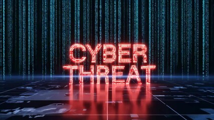 A glowing red 'Cyber Threat' title with a digital texture against a blue matrix code rain background